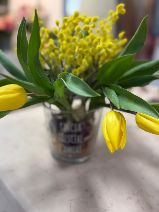 Composizione tulipani e mimose in vaso